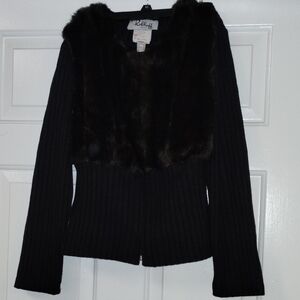 Vintage 90s Y2K Ribkoff zip front faux fur lined  cardigan Black Brown SZ 10